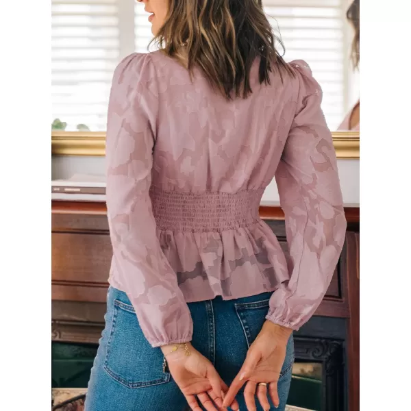 imageCUPSHE Womens Casual V Neck Ruffled Blouse Smocking Waisted Shirts Long Sleeves TopsPink