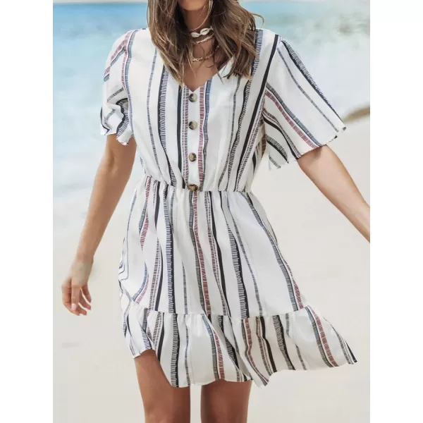 imageCUPSHE Womens Casual V Neck Short Length Dresses Flounce Hem Summer Mini Dress with Button DownWhite