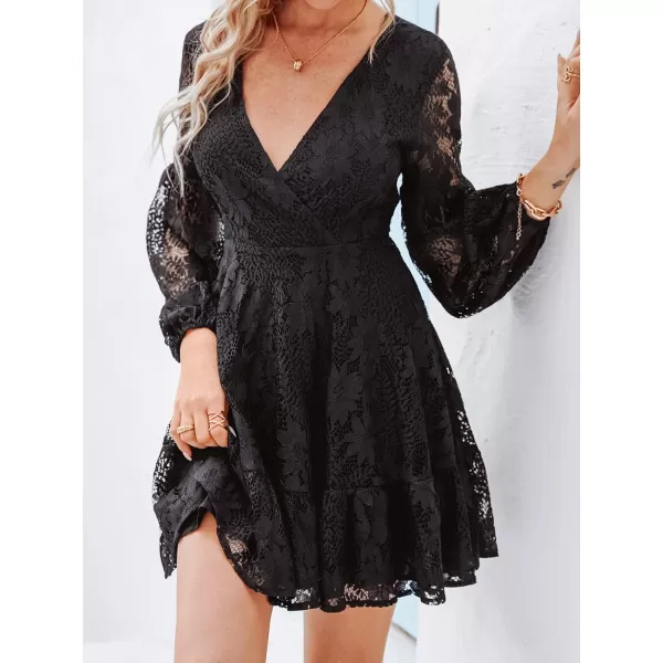 imageCUPSHE Womens Casual V Neck Short Length Dresses Long Sleeves Mini Dress with Open BackBlack