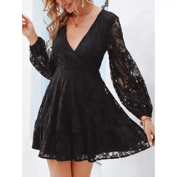 imageCUPSHE Womens Casual V Neck Short Length Dresses Long Sleeves Mini Dress with Open BackBlack
