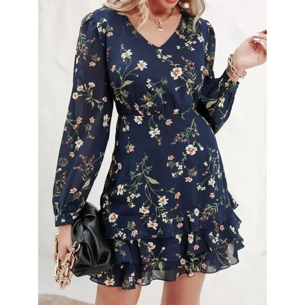 imageCUPSHE Womens Casual V Neck Short Length Dresses Long Sleeves Ruffled Mini Dress with Floral PrintNavy Blue