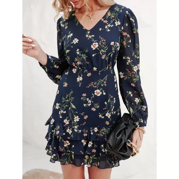 imageCUPSHE Womens Casual V Neck Short Length Dresses Long Sleeves Ruffled Mini Dress with Floral PrintNavy Blue