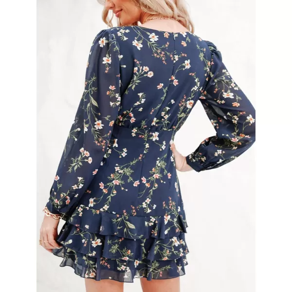 imageCUPSHE Womens Casual V Neck Short Length Dresses Long Sleeves Ruffled Mini Dress with Floral PrintNavy Blue