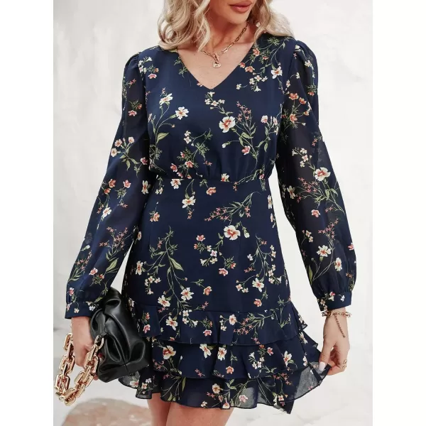 imageCUPSHE Womens Casual V Neck Short Length Dresses Long Sleeves Ruffled Mini Dress with Floral PrintNavy Blue