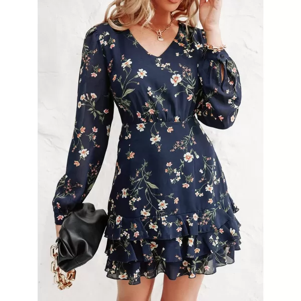 imageCUPSHE Womens Casual V Neck Short Length Dresses Long Sleeves Ruffled Mini Dress with Floral PrintNavy Blue