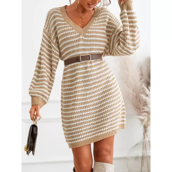 imageCUPSHE Womens Casual V Neck Sweater Dress Ribbed Knit Long Sleeves Pullover with Striped PatternBrown
