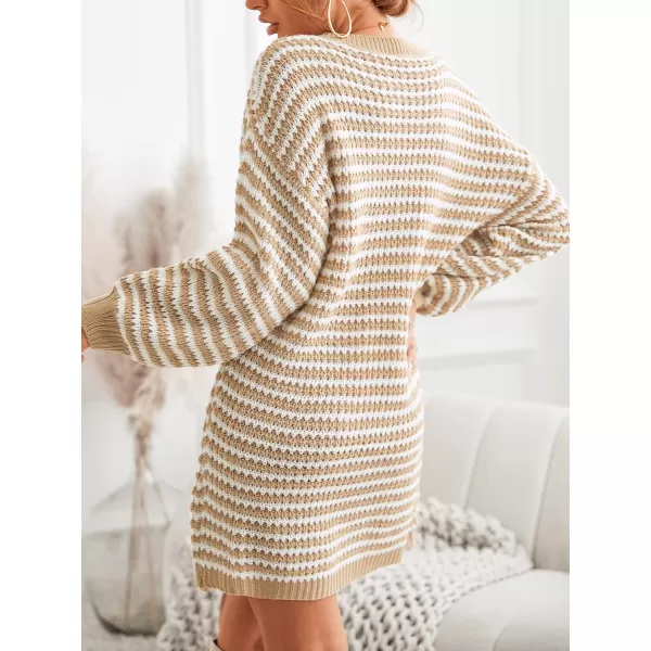 imageCUPSHE Womens Casual V Neck Sweater Dress Ribbed Knit Long Sleeves Pullover with Striped PatternBrown