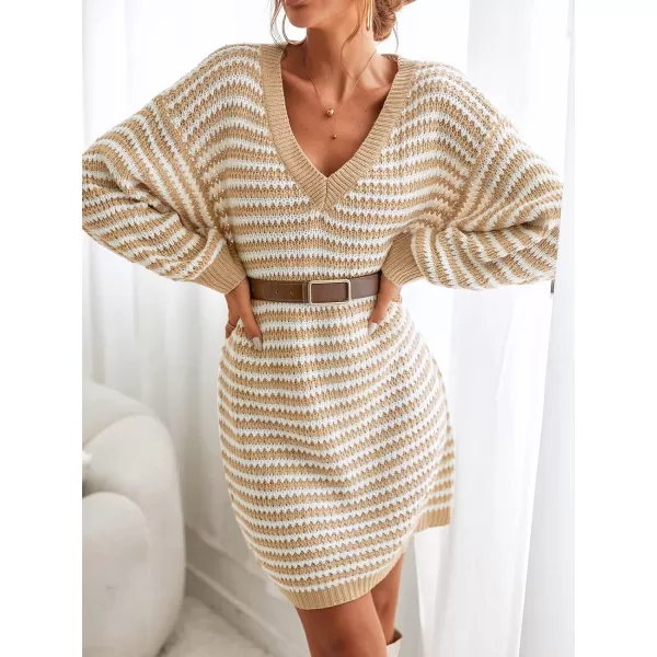imageCUPSHE Womens Casual V Neck Sweater Dress Ribbed Knit Long Sleeves Pullover with Striped PatternBrown