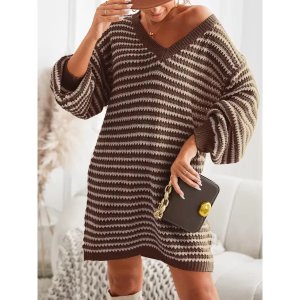 imageCUPSHE Womens Casual V Neck Sweater Dress Ribbed Knit Long Sleeves Pullover with Striped PatternCoffee