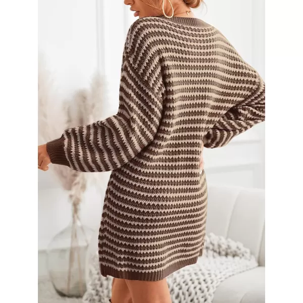 imageCUPSHE Womens Casual V Neck Sweater Dress Ribbed Knit Long Sleeves Pullover with Striped PatternCoffee