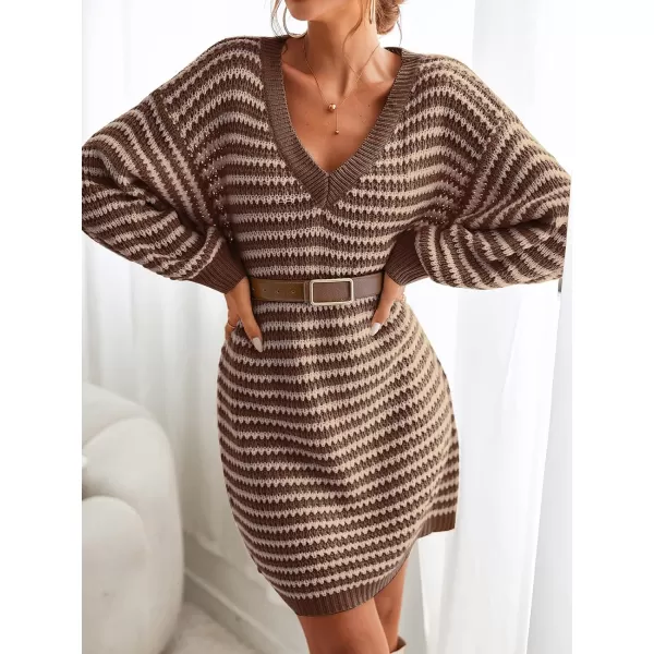 imageCUPSHE Womens Casual V Neck Sweater Dress Ribbed Knit Long Sleeves Pullover with Striped PatternCoffee