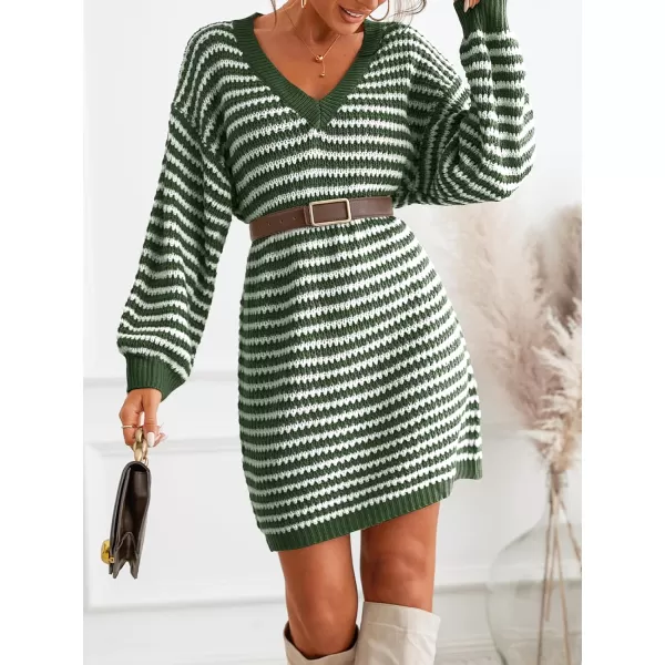 imageCUPSHE Womens Casual V Neck Sweater Dress Ribbed Knit Long Sleeves Pullover with Striped PatternGreen