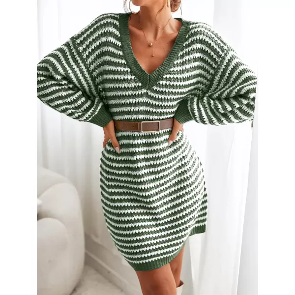 imageCUPSHE Womens Casual V Neck Sweater Dress Ribbed Knit Long Sleeves Pullover with Striped PatternGreen