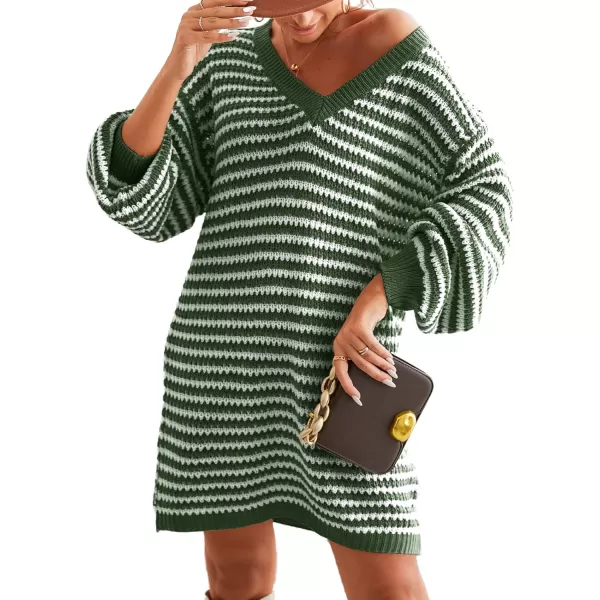 imageCUPSHE Womens Casual V Neck Sweater Dress Ribbed Knit Long Sleeves Pullover with Striped PatternGreen