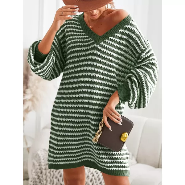 imageCUPSHE Womens Casual V Neck Sweater Dress Ribbed Knit Long Sleeves Pullover with Striped PatternGreen