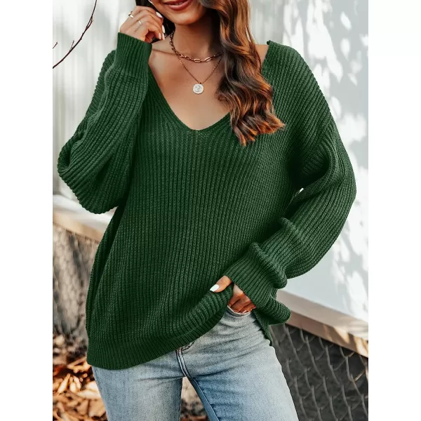 imageCUPSHE Womens Casual V Neck Sweater Fall Knit Oversize Fitted Pullover with Long SleevesGreen