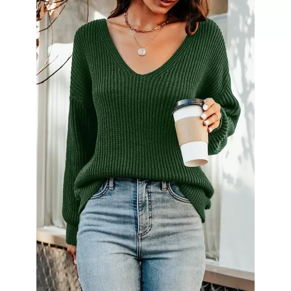 imageCUPSHE Womens Casual V Neck Sweater Fall Knit Oversize Fitted Pullover with Long SleevesGreen