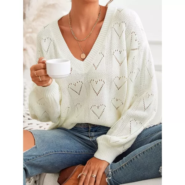 imageCUPSHE Womens Casual V Neck Sweater Lightweight Soft Knit Pointelle Pullover with Long SleevesWhite