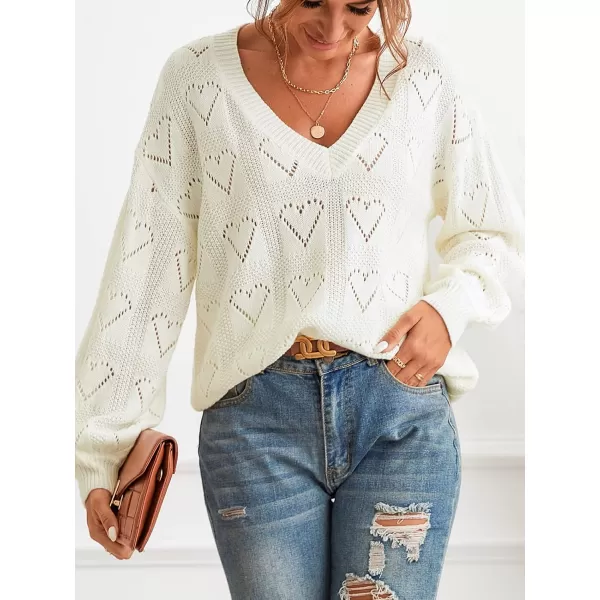 imageCUPSHE Womens Casual V Neck Sweater Lightweight Soft Knit Pointelle Pullover with Long SleevesWhite