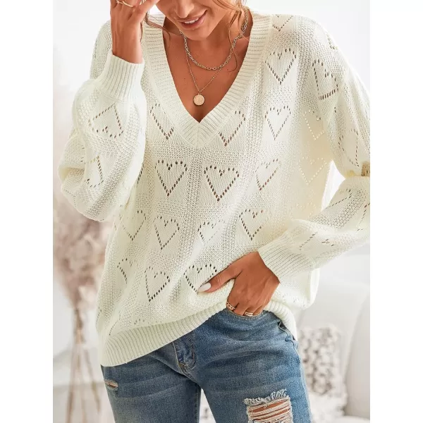 imageCUPSHE Womens Casual V Neck Sweater Lightweight Soft Knit Pointelle Pullover with Long SleevesWhite