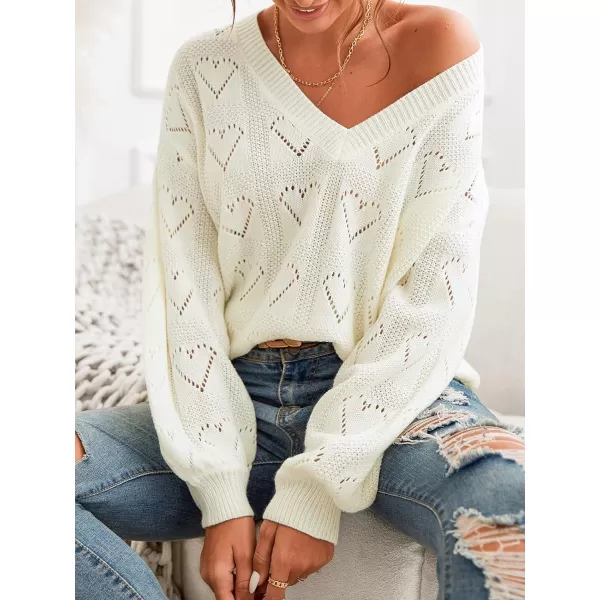 imageCUPSHE Womens Casual V Neck Sweater Lightweight Soft Knit Pointelle Pullover with Long SleevesWhite