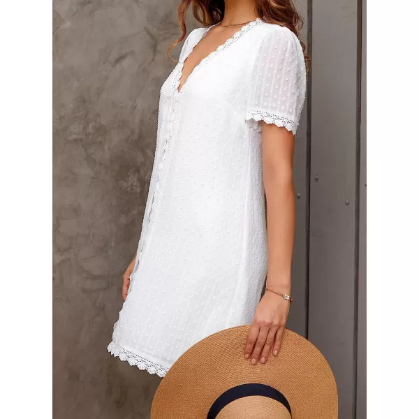 imageCUPSHE Womens Clip Dot Mini Dress V Neck Scalloped Lace Chiffon Straight DressWhite