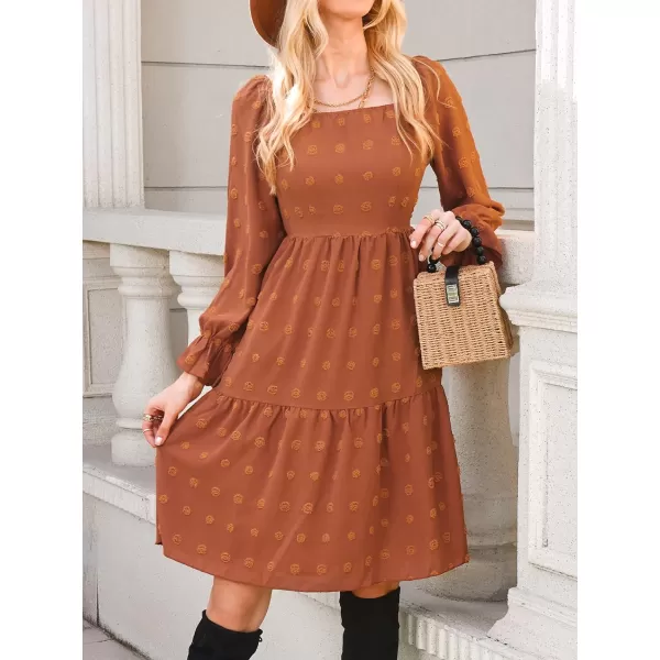 imageCUPSHE Womens Clip Dot Square Neck Long Sleeve Midi Dress Smocked Lace A Line DressOrange