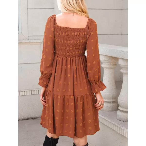 imageCUPSHE Womens Clip Dot Square Neck Long Sleeve Midi Dress Smocked Lace A Line DressOrange
