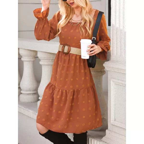 imageCUPSHE Womens Clip Dot Square Neck Long Sleeve Midi Dress Smocked Lace A Line DressOrange