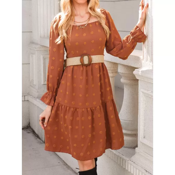 imageCUPSHE Womens Clip Dot Square Neck Long Sleeve Midi Dress Smocked Lace A Line DressOrange