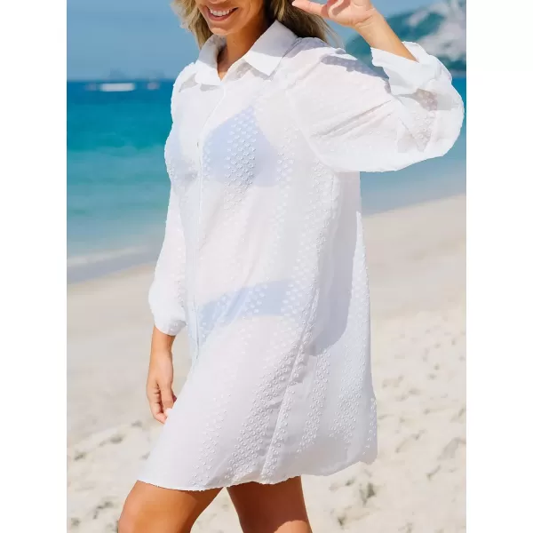 imageCUPSHE Womens Collar Bathing Suit Button Down Cover Up Clip Dot Swimsuit Beach Dress with Long SleevesWhite