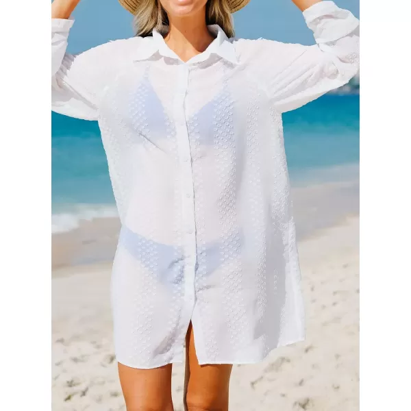 imageCUPSHE Womens Collar Bathing Suit Button Down Cover Up Clip Dot Swimsuit Beach Dress with Long SleevesWhite