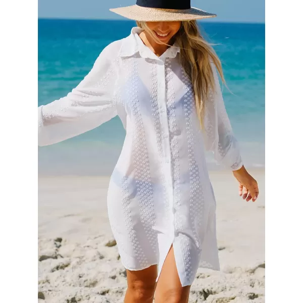 imageCUPSHE Womens Collar Bathing Suit Button Down Cover Up Clip Dot Swimsuit Beach Dress with Long SleevesWhite