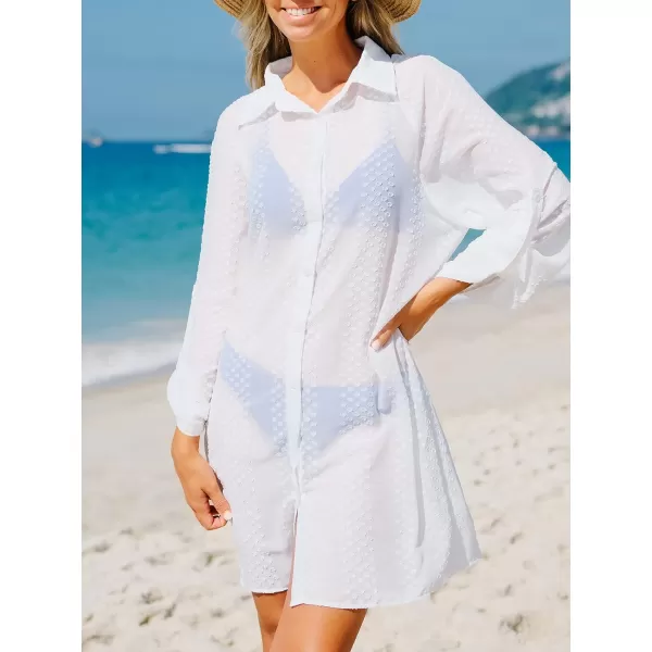imageCUPSHE Womens Collar Bathing Suit Button Down Cover Up Clip Dot Swimsuit Beach Dress with Long SleevesWhite
