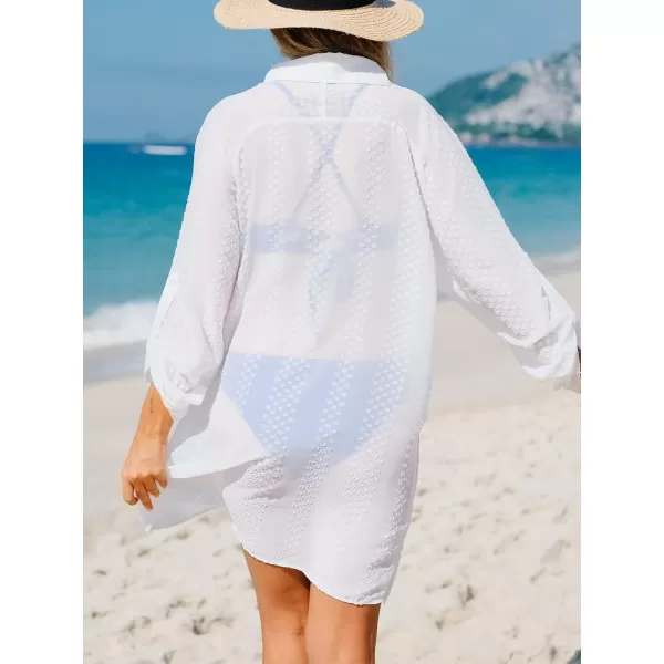 imageCUPSHE Womens Collar Bathing Suit Button Down Cover Up Clip Dot Swimsuit Beach Dress with Long SleevesWhite