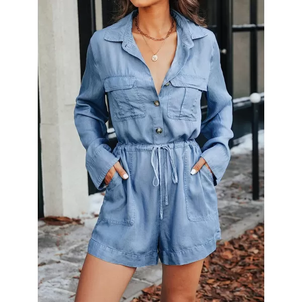 imageCUPSHE Womens Collar Front Jumpsuit Drawstring Waist Button with PocketsBlue