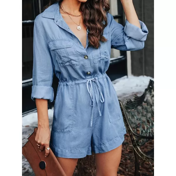 imageCUPSHE Womens Collar Front Jumpsuit Drawstring Waist Button with PocketsBlue