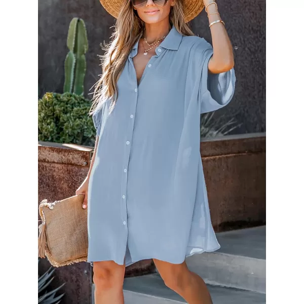 imageCUPSHE Womens Collared Neck Dresses for Summer Button Shirt Half Sleeve Mini Beach Cover Up DressBlue