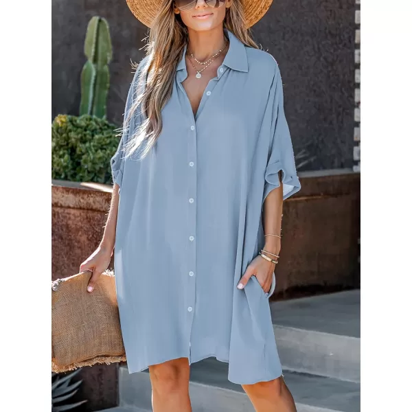 imageCUPSHE Womens Collared Neck Dresses for Summer Button Shirt Half Sleeve Mini Beach Cover Up DressBlue
