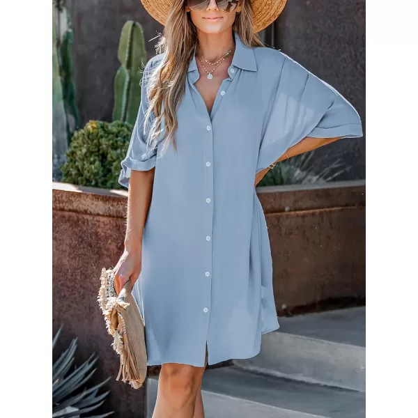 imageCUPSHE Womens Collared Neck Dresses for Summer Button Shirt Half Sleeve Mini Beach Cover Up DressBlue
