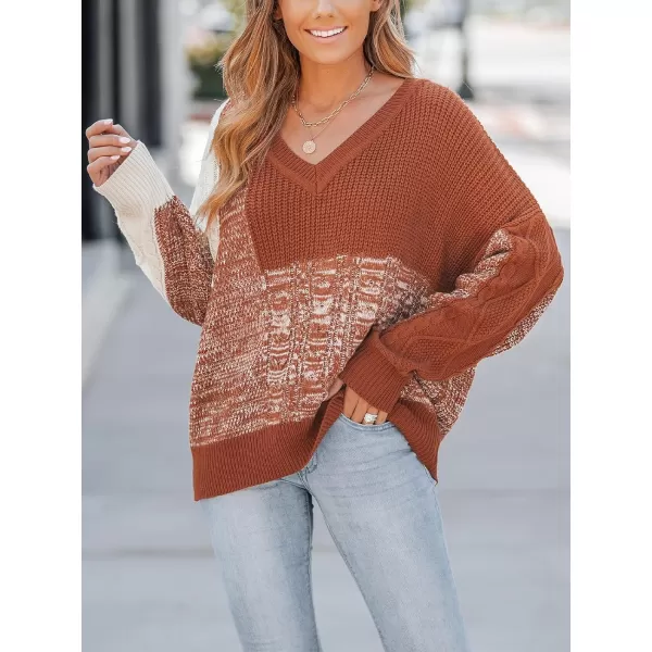 imageCUPSHE Womens Color Block Sweaters Long Sleeve V Neck Pullover Knit Jumper TopsBrick Red