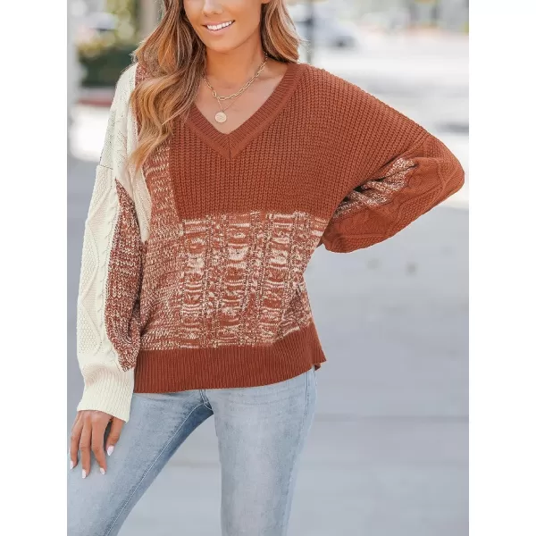 imageCUPSHE Womens Color Block Sweaters Long Sleeve V Neck Pullover Knit Jumper TopsBrick Red