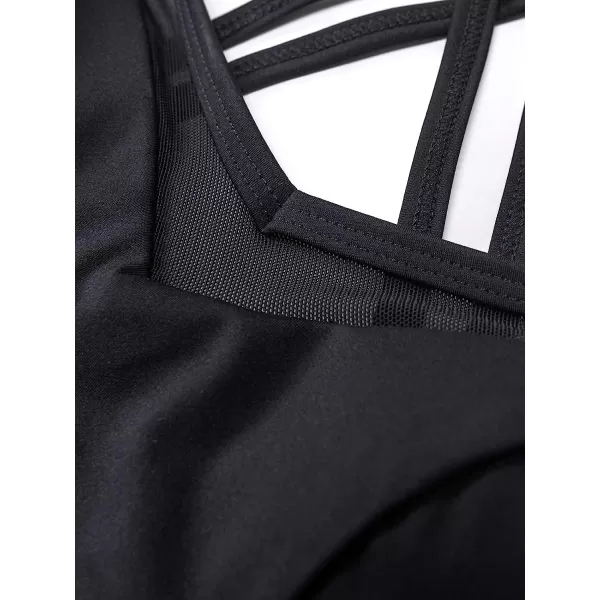imageCUPSHE Womens Contrast Mesh Sports Bra Strappy Criss Cross Sports Bra Medium Support Padded Yoga TopBlack