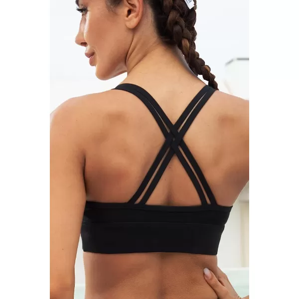 imageCUPSHE Womens Contrast Mesh Sports Bra Strappy Criss Cross Sports Bra Medium Support Padded Yoga TopBlack