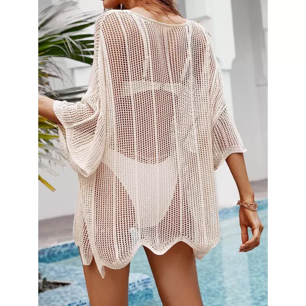 imageCUPSHE Womens Corchet Cover Up Dress Crew Neck Split Pull Over Cover Up Set 34 Sleeve Loose Waisted Mini Length WhiteWhite