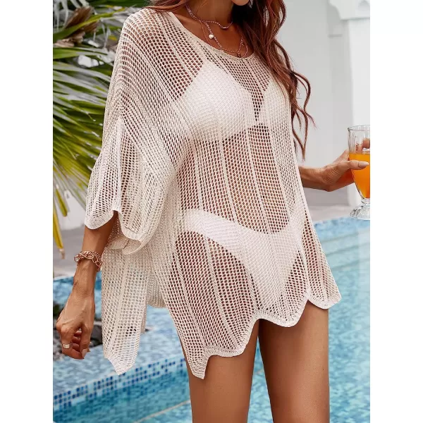 imageCUPSHE Womens Corchet Cover Up Dress Crew Neck Split Pull Over Cover Up Set 34 Sleeve Loose Waisted Mini Length WhiteWhite
