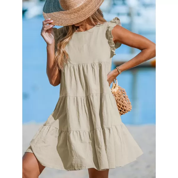 imageCUPSHE Womens Cotton Ruffle Dress Flutter Short Sleeve A Line Round Neck Mini Summer DressesKhaki