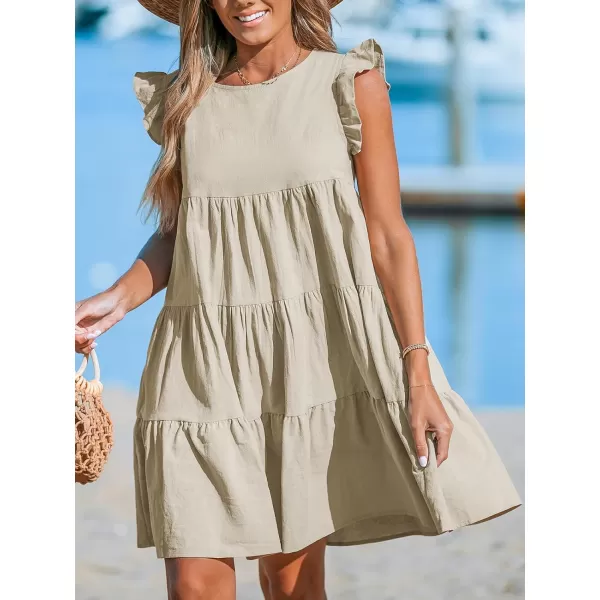 imageCUPSHE Womens Cotton Ruffle Dress Flutter Short Sleeve A Line Round Neck Mini Summer DressesKhaki