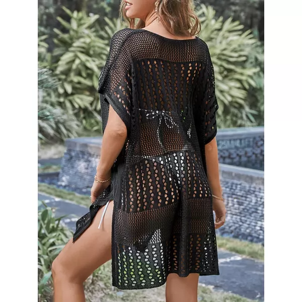 imageCUPSHE Womens Cover Up Crochet Beach V Neck Short Sleeve LooseBlack