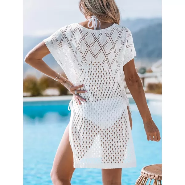 imageCUPSHE Womens Cover Up Crochet Dress Side Lace Up High Slit Beach Short Sleeves Swimwear Coverups 2024White
